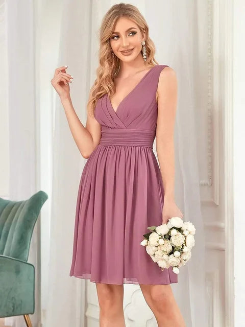 Ever Pretty Double V-neck Chiffon Homecoming Cocktail Pleated Dresses Custom Size Women Sleeveless V Neck Short Bridesmaid Dress