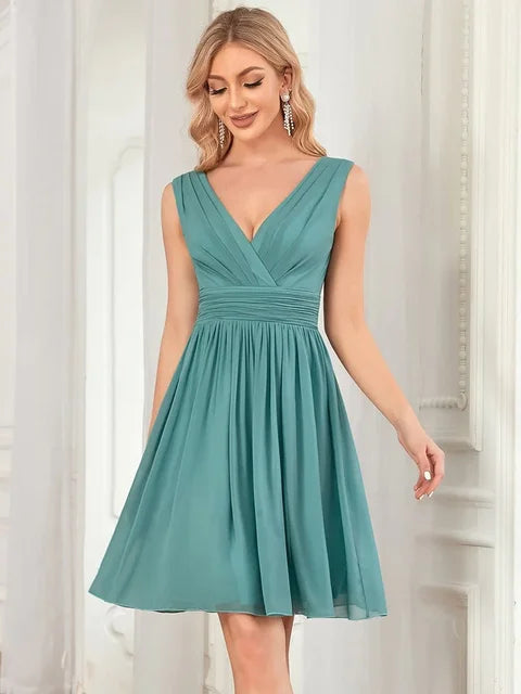 Ever Pretty Double V-neck Chiffon Homecoming Cocktail Pleated Dresses Custom Size Women Sleeveless V Neck Short Bridesmaid Dress