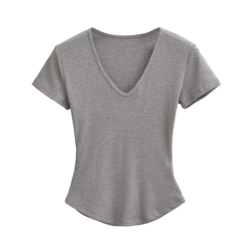 Sweet Cool Hot Girl Solid Color Slim V-neck Shoulder Short Sleeve Curved Hem