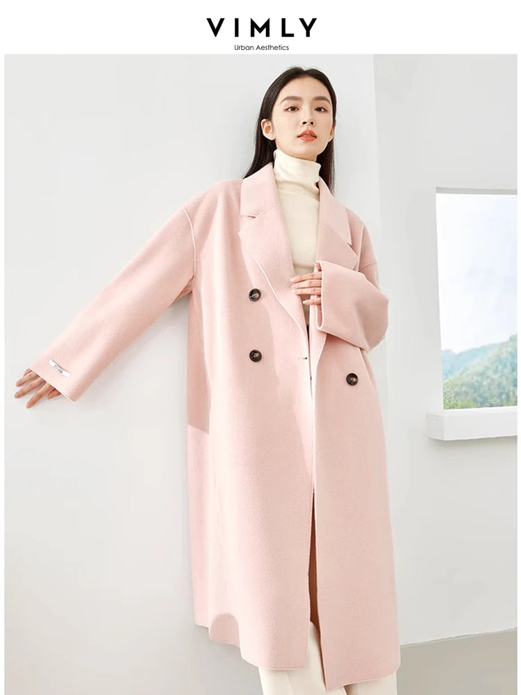 Vimly Blue Wool & Blends Long Coats Women Clothes 2023 Doule Breasted Elegant Office Lady Winter Warm Long Jacket Overcoat 16328
