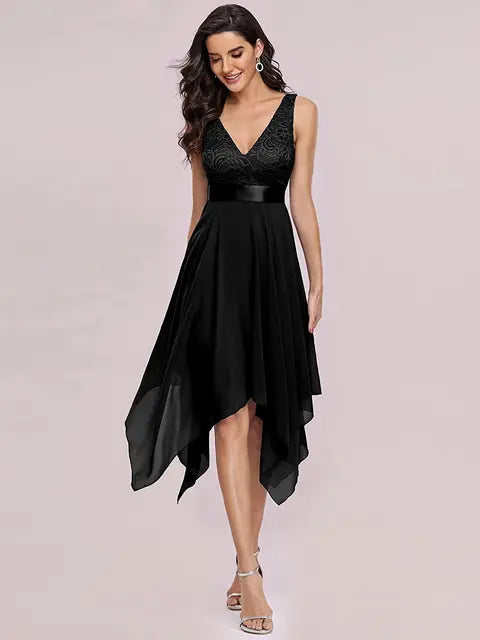 Womens Deep V Neck A Line Lace Chiffon Sleeveless Cocktail Dress Floral Lace Lady Party Dress Ribbon Waistline Irregular Design