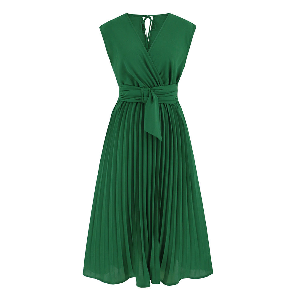 Summer Sleeveless V-neck Lace-up Dress Fashion Slim-fit Pleated