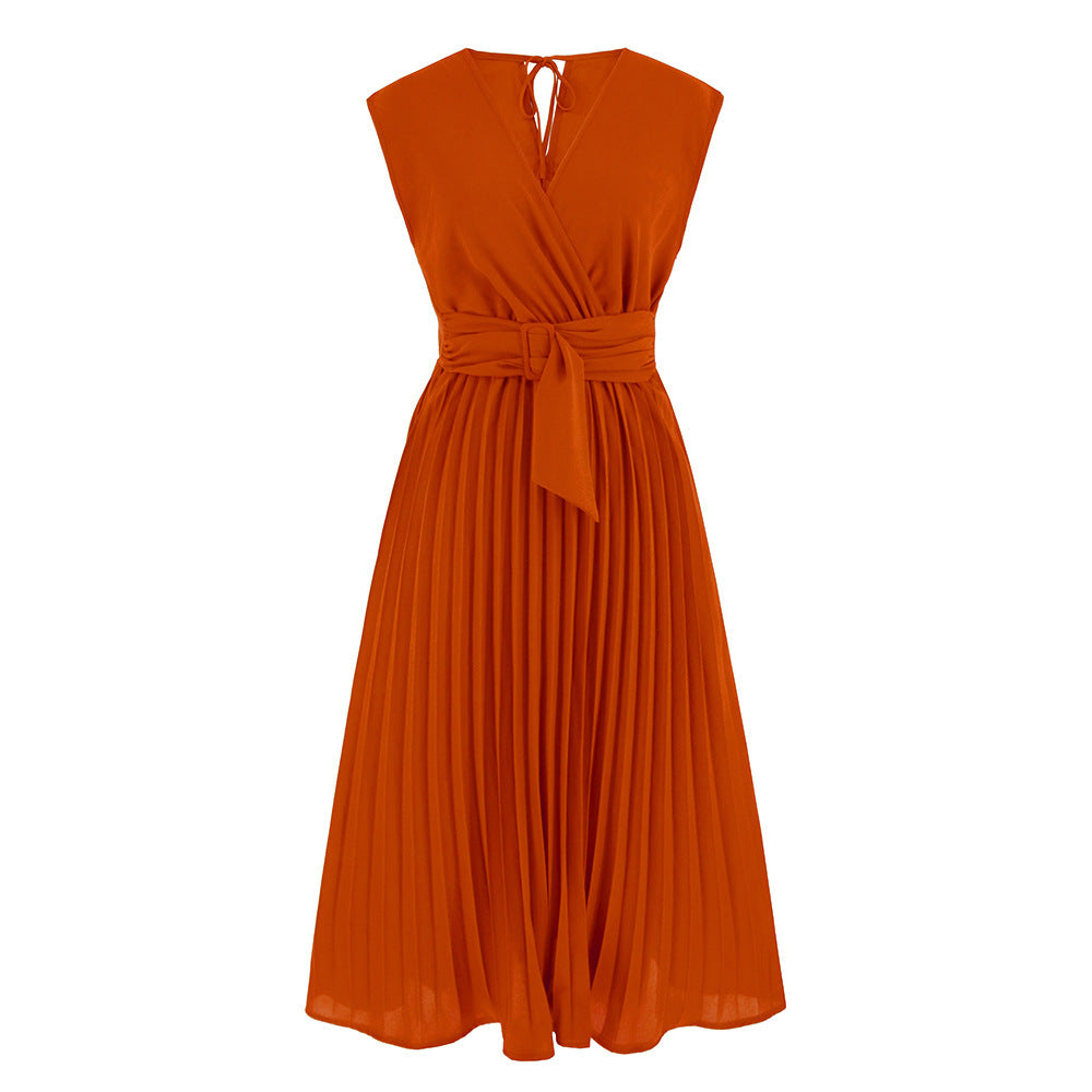 Summer Sleeveless V-neck Lace-up Dress Fashion Slim-fit Pleated