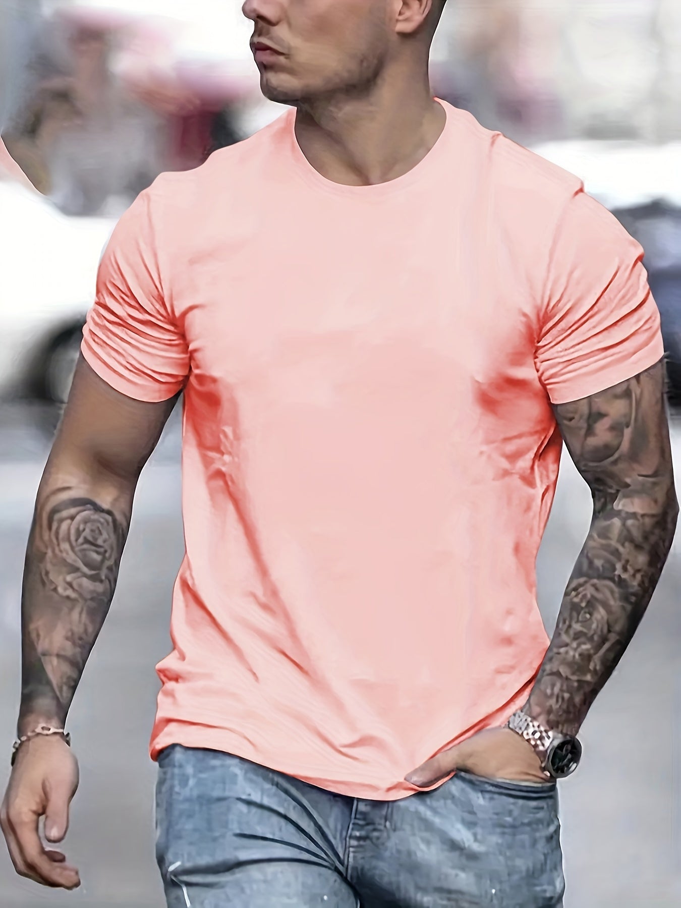 5pcs Solid Men's Casual Short Sleeve Crew Neck T-shirts Set, Summer Outdoor