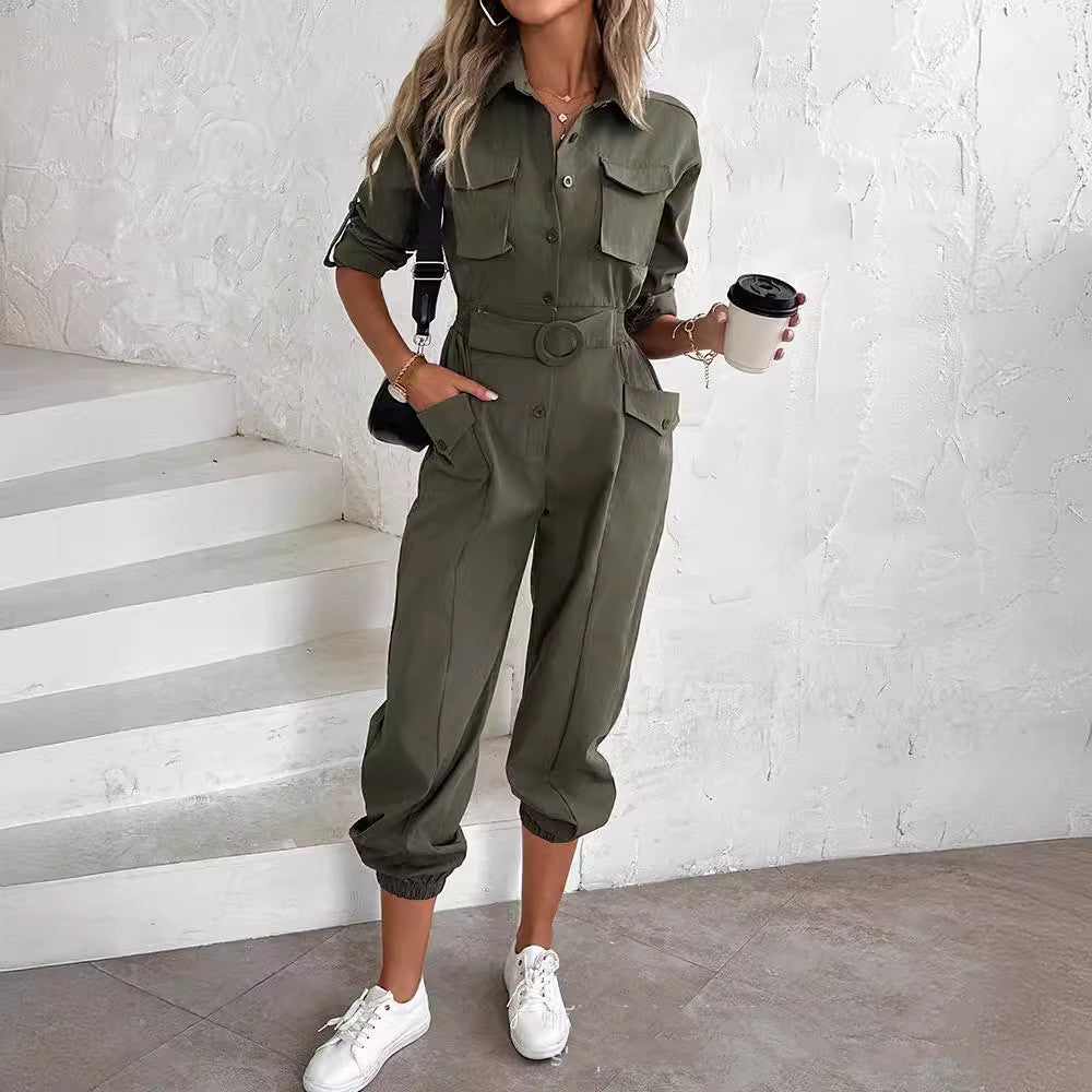 European And American New Women's Clothes Waist-tied Leisure Cargo Jumpsuit