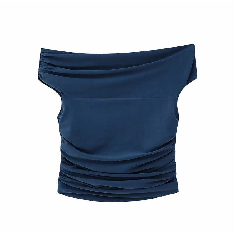 Solid Color Slim-fit Pleated Decorative Top