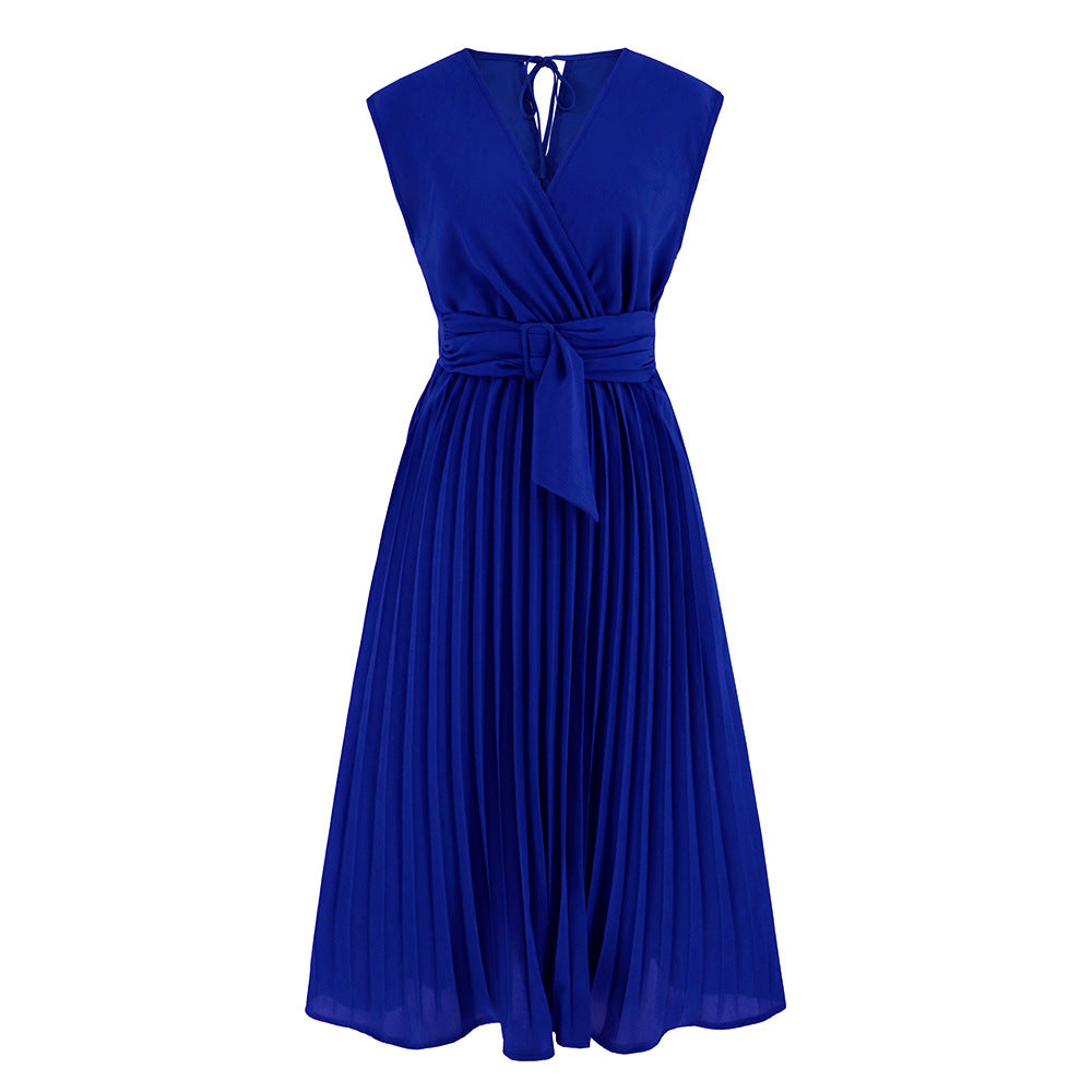 Summer Sleeveless V-neck Lace-up Dress Fashion Slim-fit Pleated