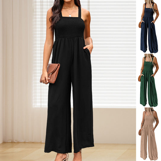 Summer Square Neck High Waist Jumpsuit Women's Backless Pleated Design Wide Leg Trousers Clothing