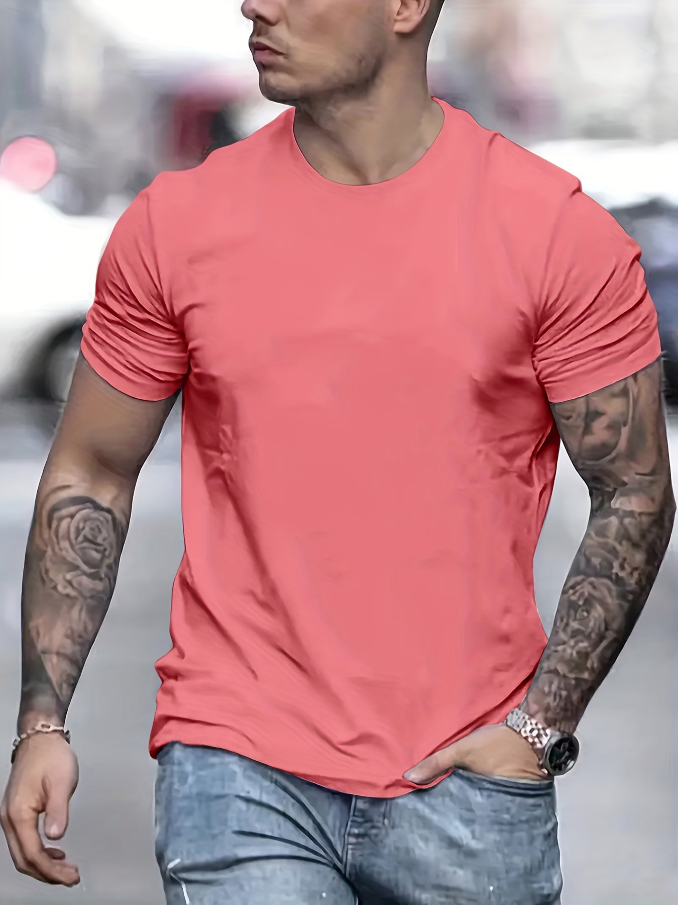 5pcs Solid Men's Casual Short Sleeve Crew Neck T-shirts Set, Summer Outdoor