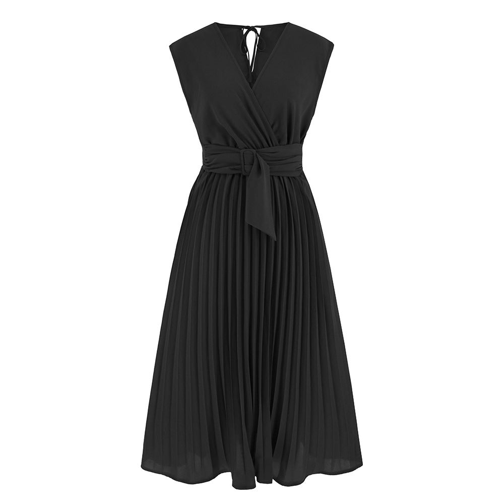Summer Sleeveless V-neck Lace-up Dress Fashion Slim-fit Pleated