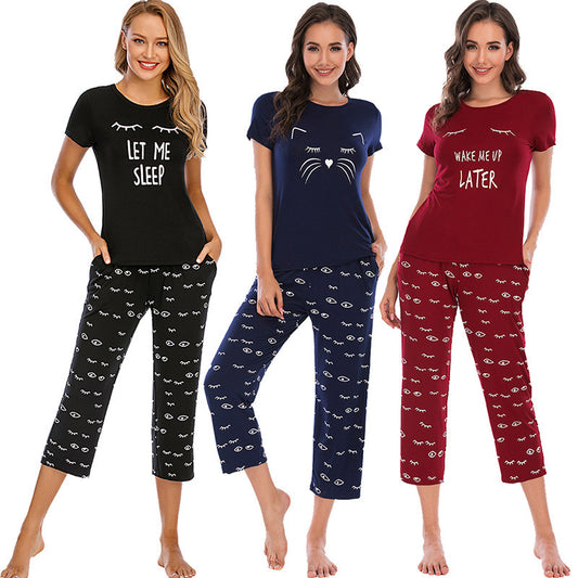 Women's Cartoon Print Pajamas Short-sleeved Cropped Two-piece Suit