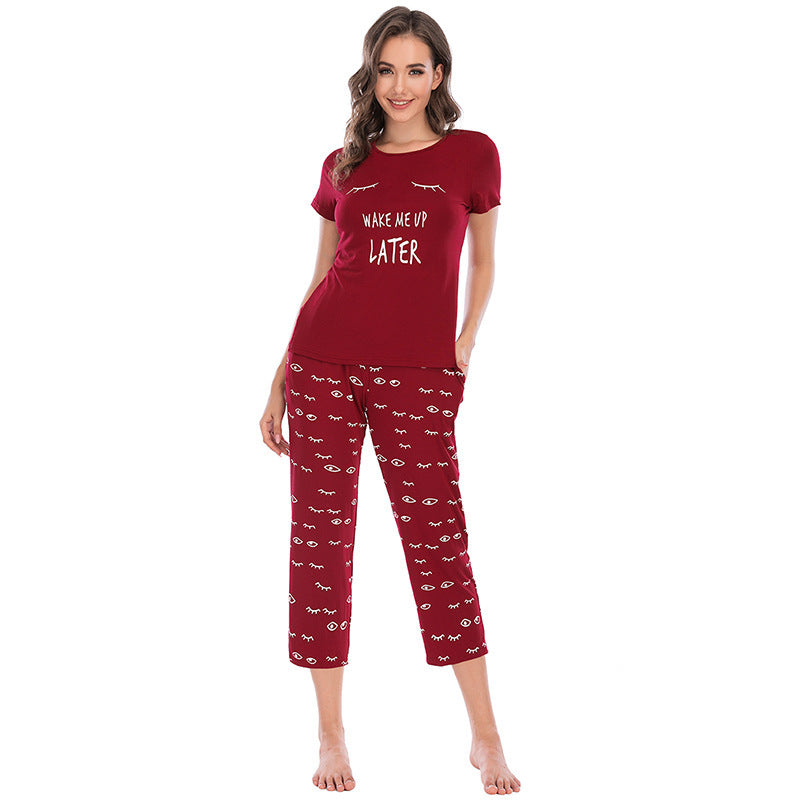 Women's Cartoon Print Pajamas Short-sleeved Cropped Two-piece Suit