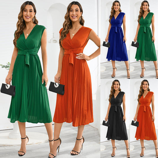Summer Sleeveless V-neck Lace-up Dress Fashion Slim-fit Pleated