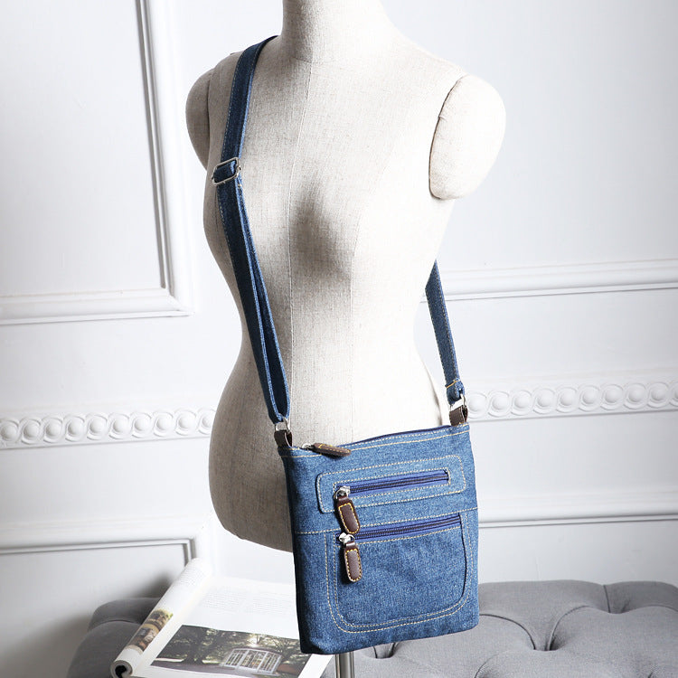 Denim Bag New Casual Women's Bag Solid Color Multi-zipper Multi-pocket