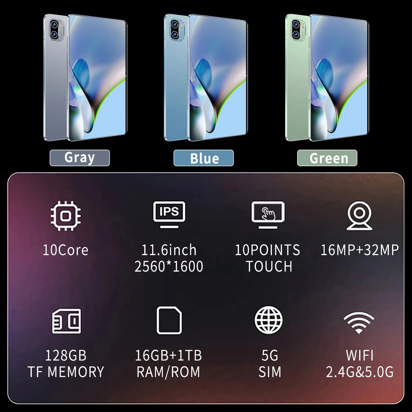 11.6 Inch Android 13 Tablet, 16GB RAM 1TB ROM, 12000mAh Battery 10 Core IPS HD Touch Screen Tablets FD65362862