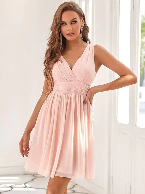 Ever Pretty Double V-neck Chiffon Homecoming Cocktail Pleated Dresses Custom Size Women Sleeveless V Neck Short Bridesmaid Dress