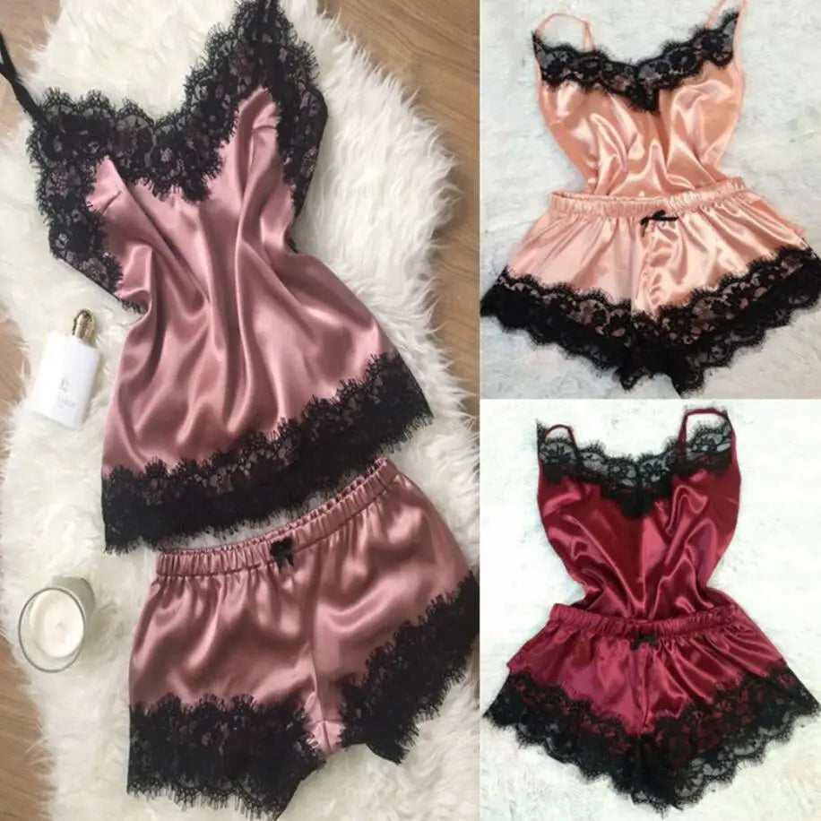 2024 New Women Bow Sleepwear Sleeveless Strap Nightwear Lace Trim Satin Cami Top Pajama Sets femme sexy lingerie pyjamas women