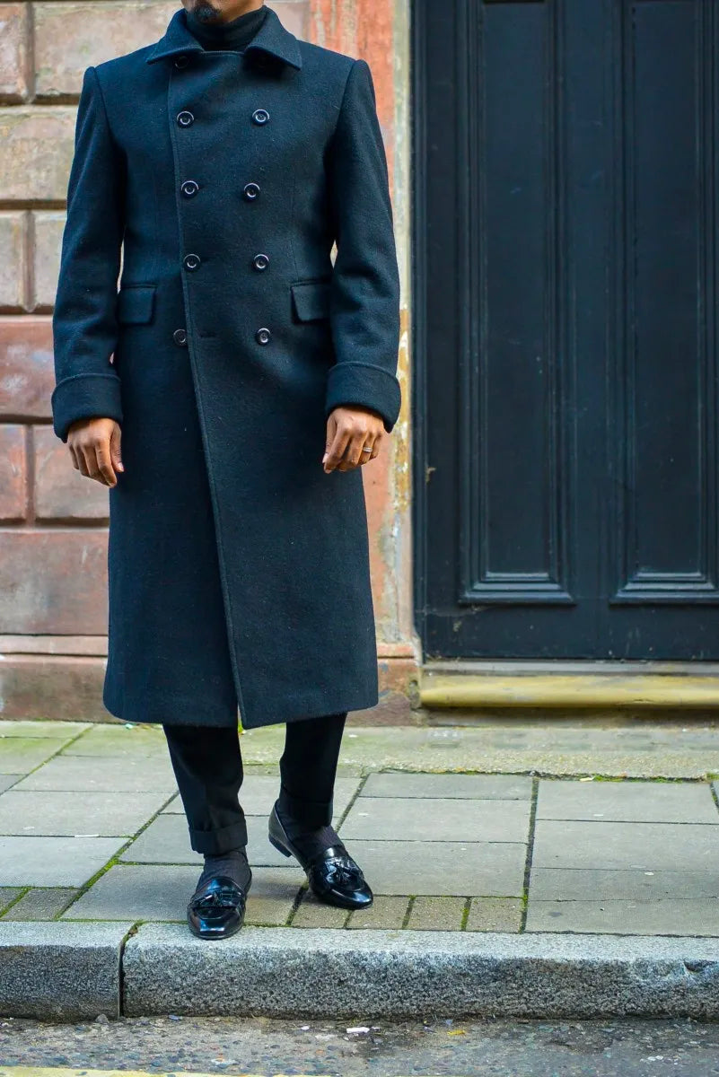 Black Thick Greatcoat Wool Men Suits Peaked Lapel Outfit Custom Made One Piece Long Overcoat High Quality Jacket