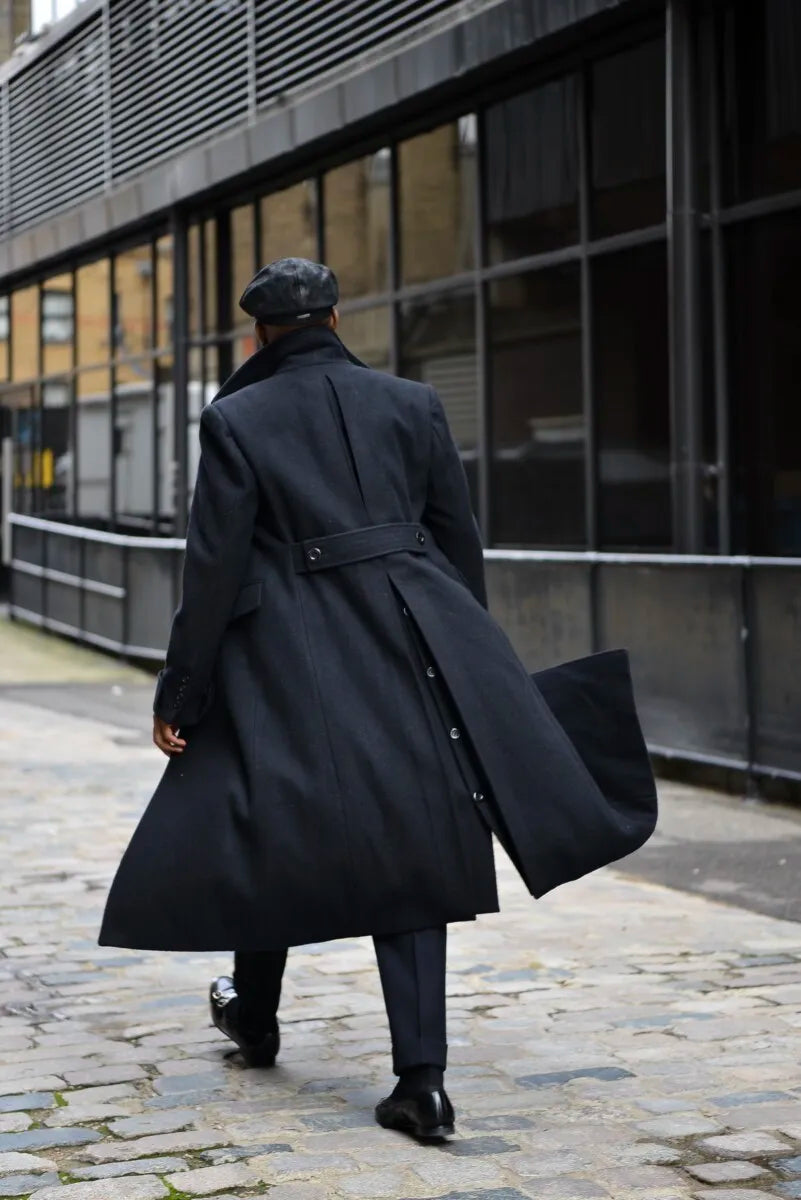 Black Thick Greatcoat Wool Men Suits Peaked Lapel Outfit Custom Made One Piece Long Overcoat High Quality Jacket