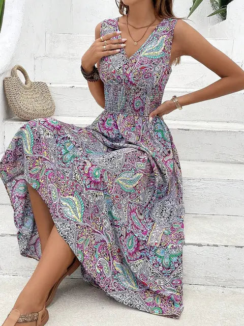 New cross-border European and American women's printed V-neck fashionable high waisted dress