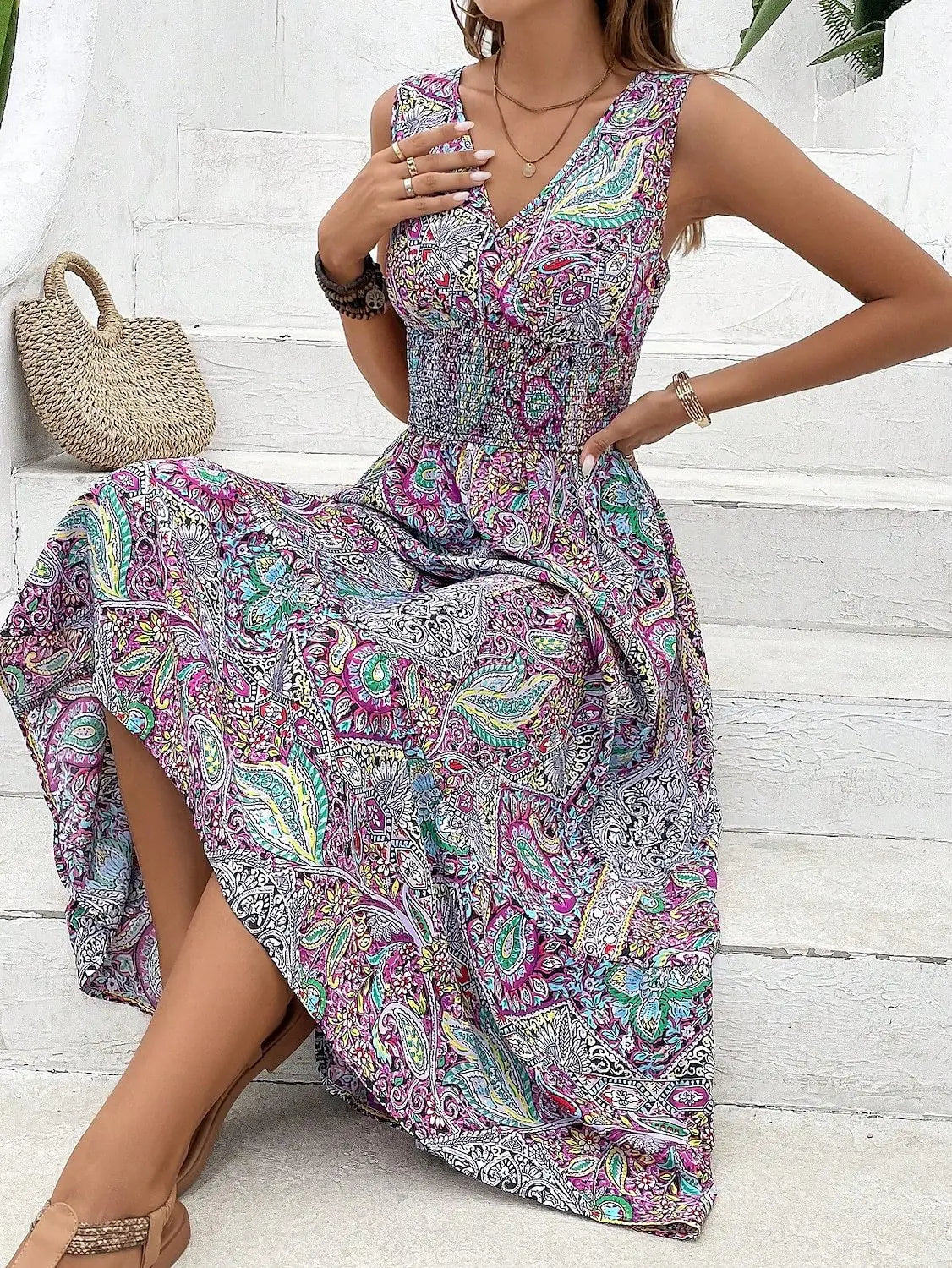 New cross-border European and American women's printed V-neck fashionable high waisted dress