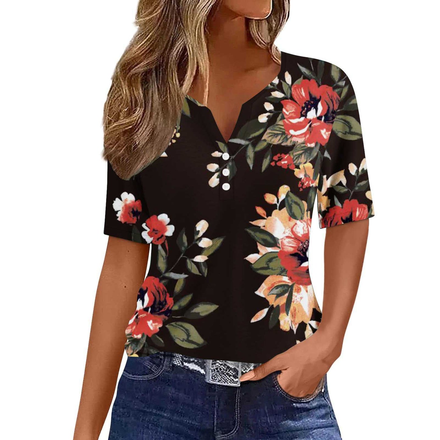 Women's Floral Printed V-neck Short Sleeve Button T-shirt