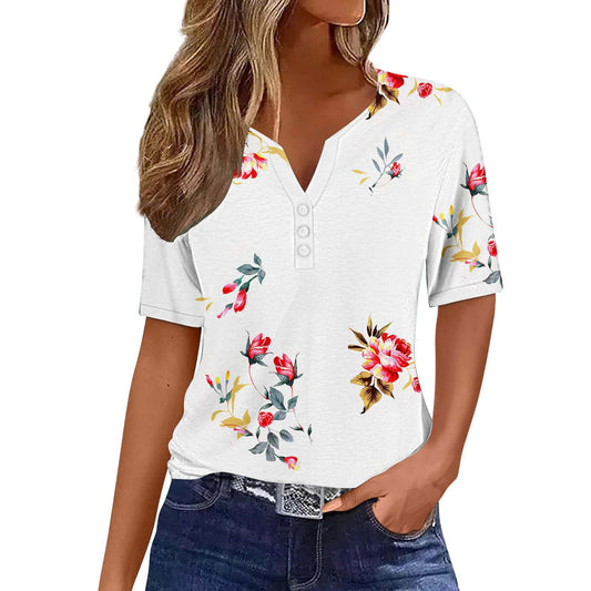 Women's Floral Printed V-neck Short Sleeve Button T-shirt