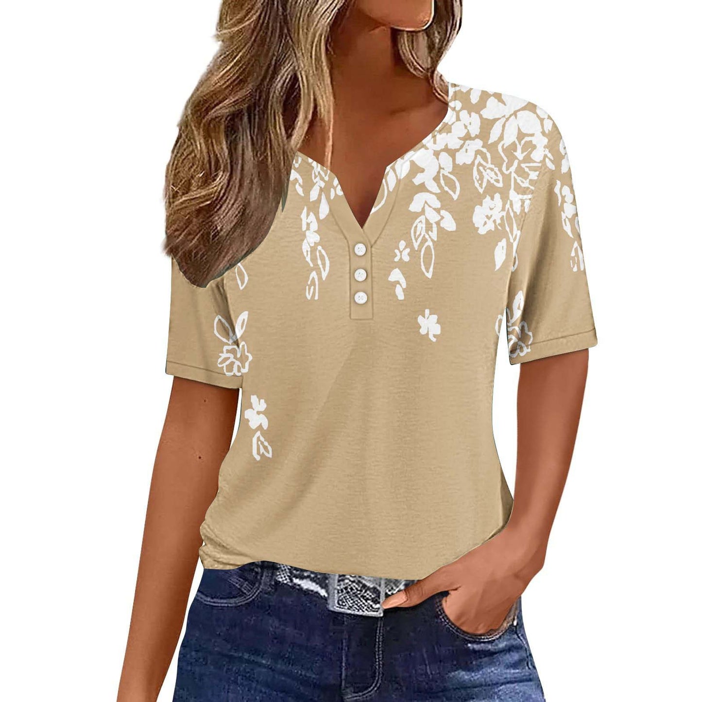 Women's Floral Printed V-neck Short Sleeve Button T-shirt