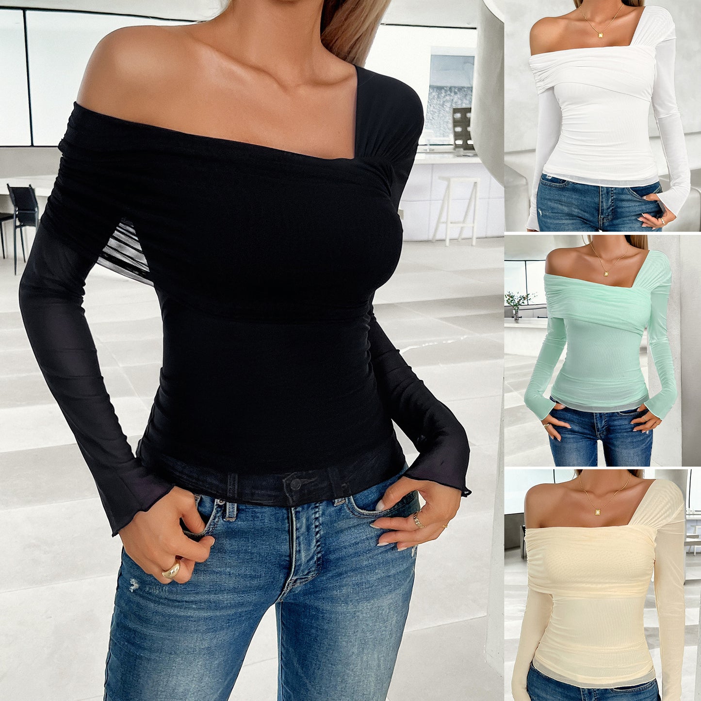 Elegant Diagonal Collar Mesh Long-sleeved Top