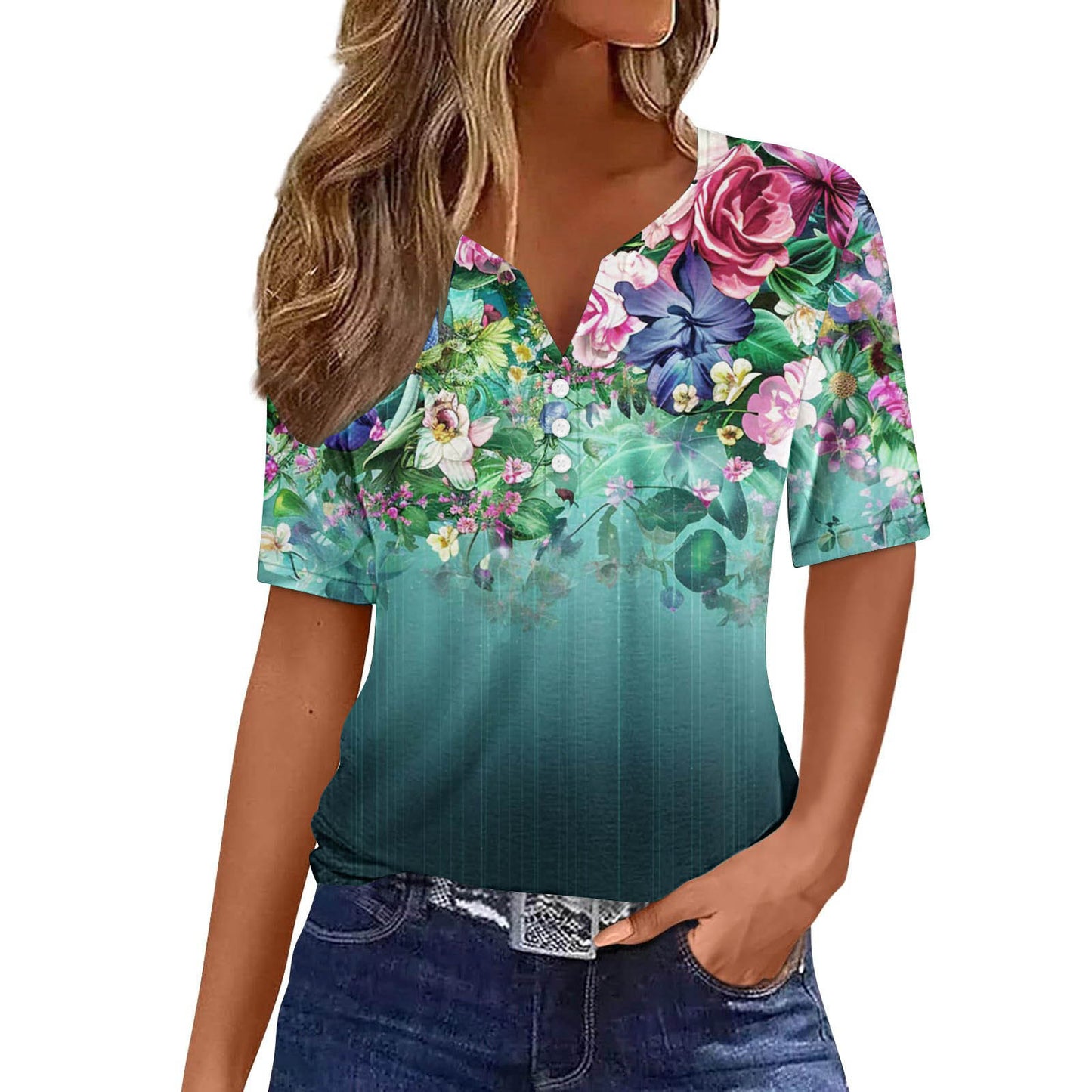 Women's Floral Printed V-neck Short Sleeve Button T-shirt