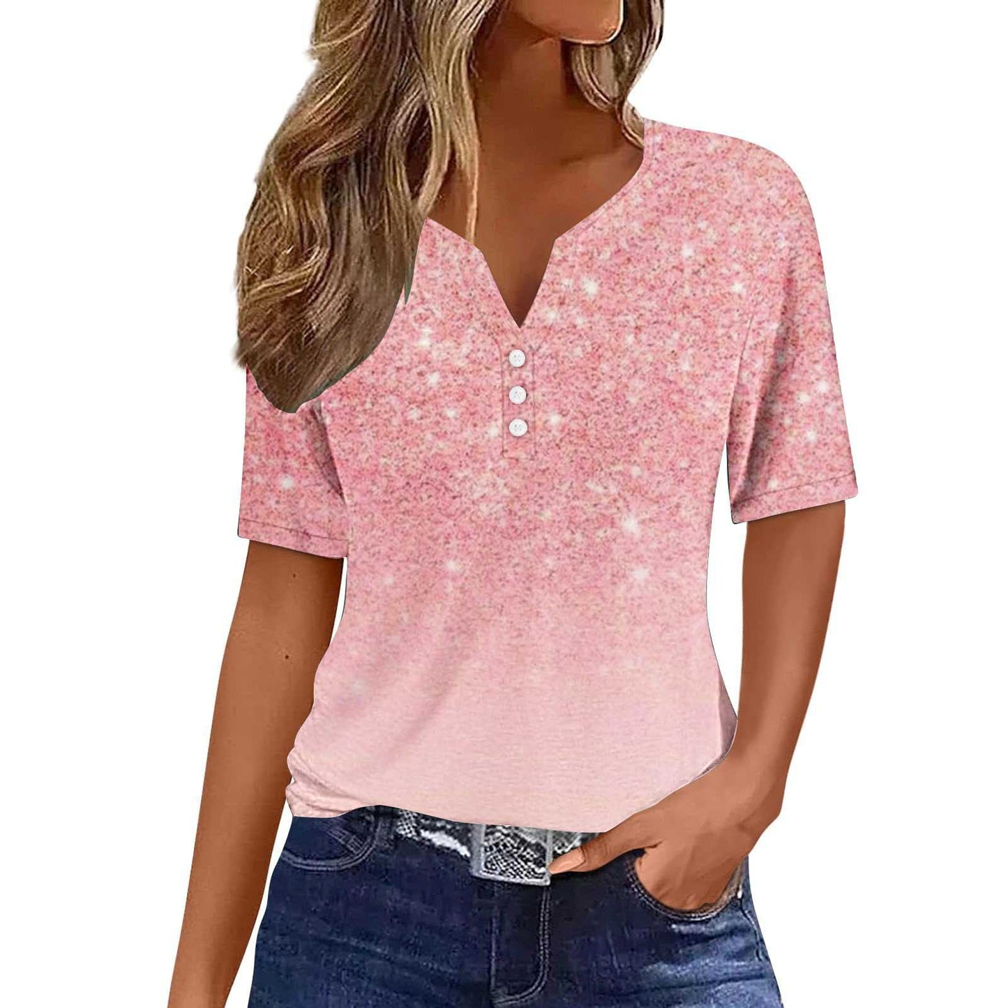 Women's Floral Printed V-neck Short Sleeve Button T-shirt