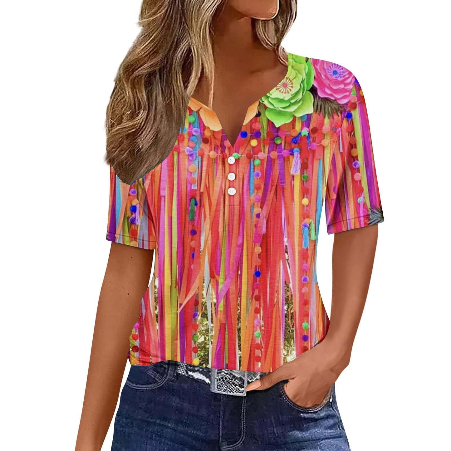 Women's Floral Printed V-neck Short Sleeve Button T-shirt