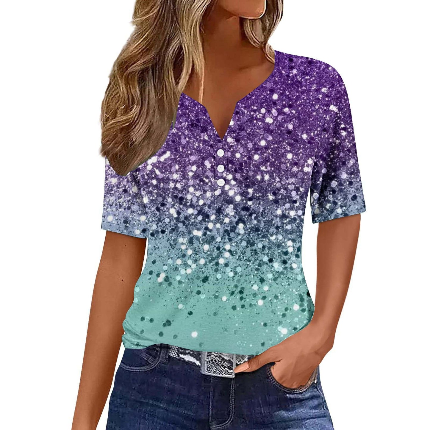 Women's Floral Printed V-neck Short Sleeve Button T-shirt