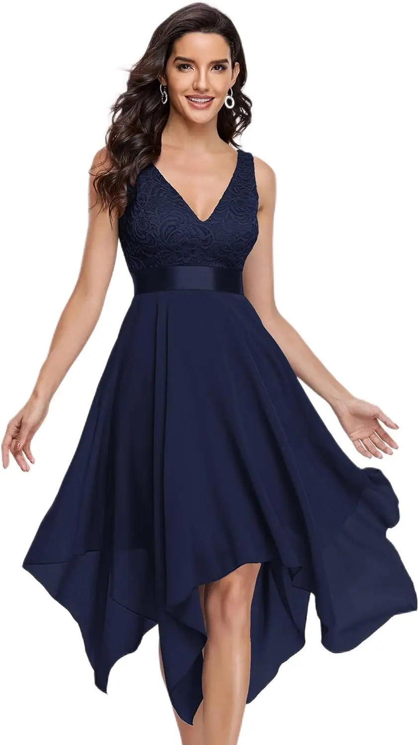 Women's Vintage V Neck Irregular Hem Lace A Line Chiffon Cocktail Dresses evevning party prom dress wedding bridesmaid