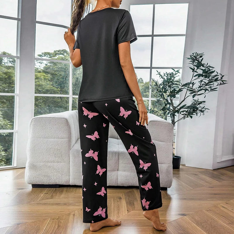 Women's Pajama Sets Summer Short Sleeve Pyjamas Butterfly Print Home Clothes Sleepwear Soft and Comfortable Loungewear Nightwear