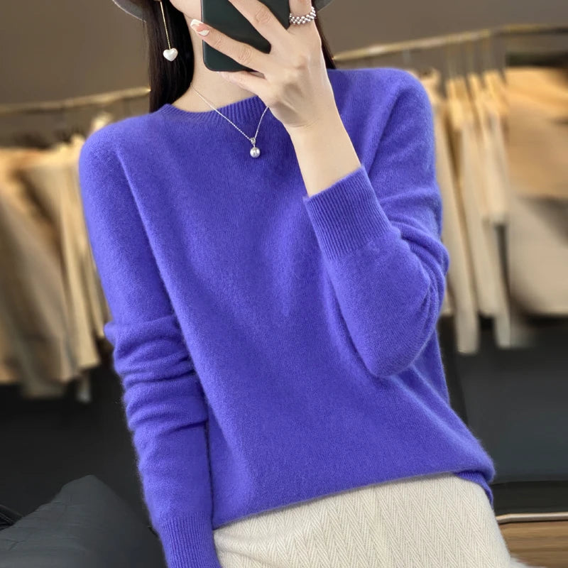 100% pure wool cashmere sweater women's O-neck pullover casual knit top autumn and winter women's coat fashion