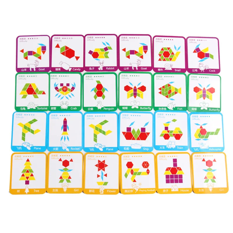 155Pcs Set Wooden Pattern Blocks Geometric Shape Jigsaw Puzzle Baby Educational Montessori Tangram Toys for Kids with 24Pcs Card