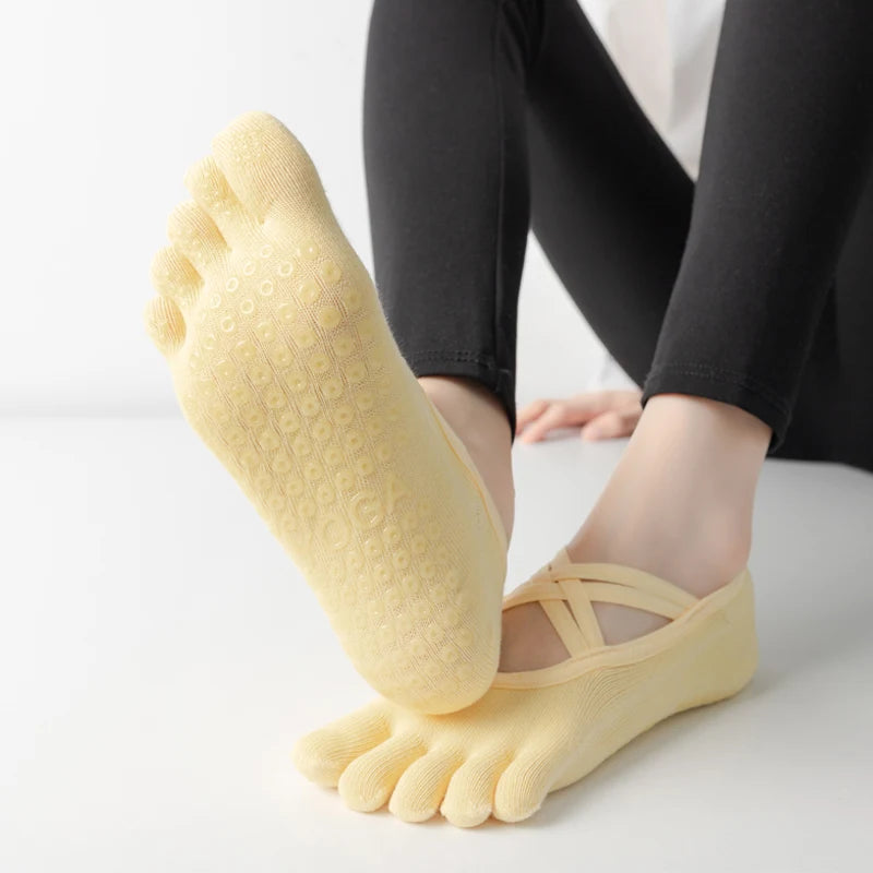 New Women Anti Slip Pilates Socks Five Toe Silicone Non-Slip Yoga Sock Bandage Ballet Dance Ladies Fitness Sports Cotton Sock