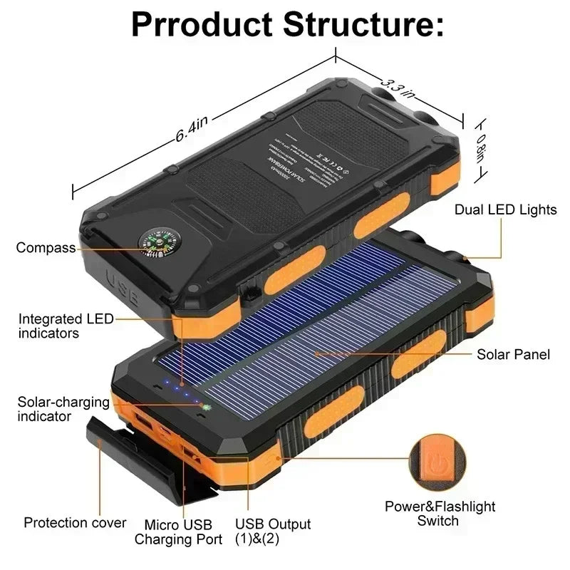 10000mAh-200000mAh Spare battery Solar Power Bank Outdoor Portable Charger Powerbank Waterproof Battery Dual USB Charging with LED Light