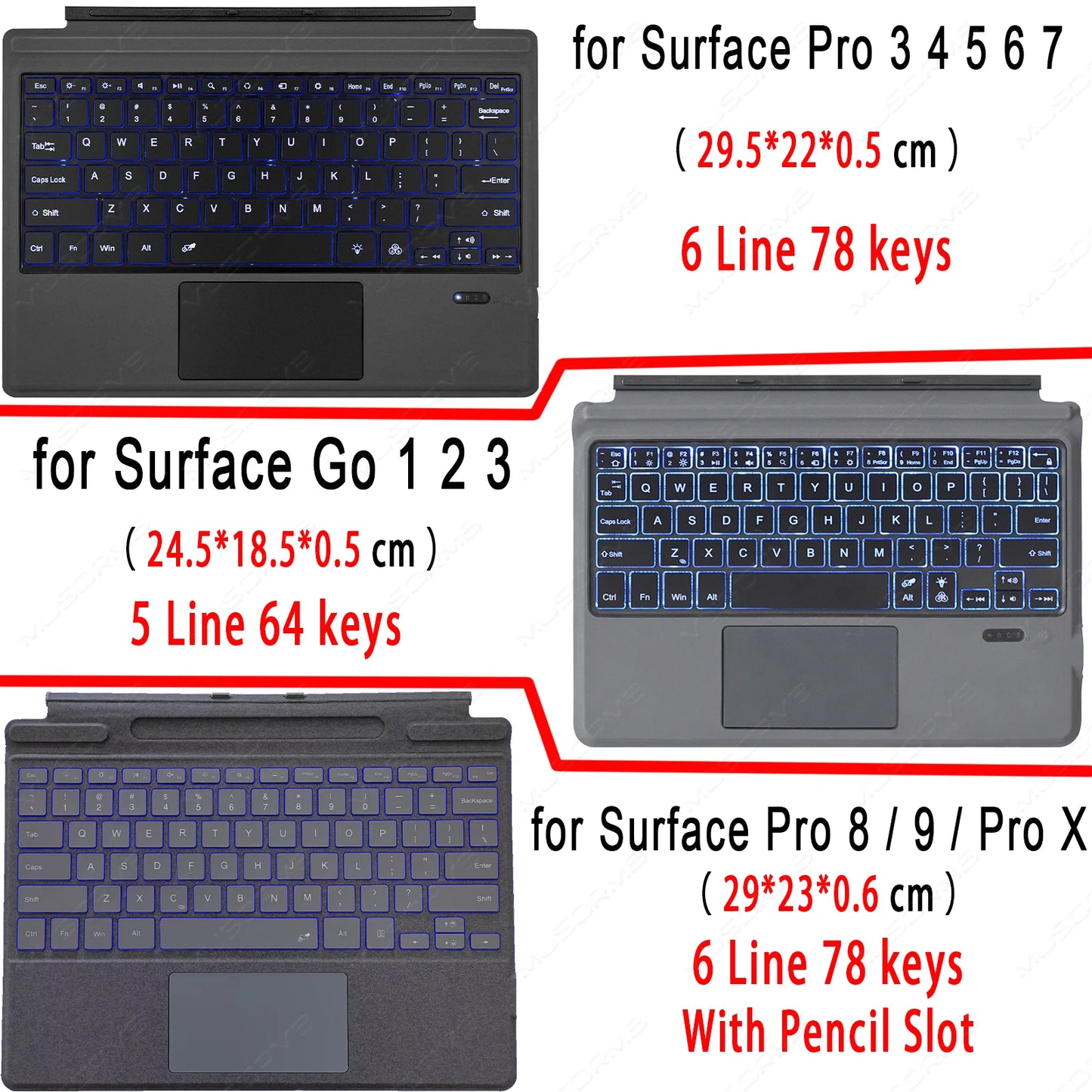 Backlit Keypad for Microsoft Surface Pro 3 4 5 6 7 8 9 X Go 1 2 3 Trackpad Wireless Magnetic Keyboard