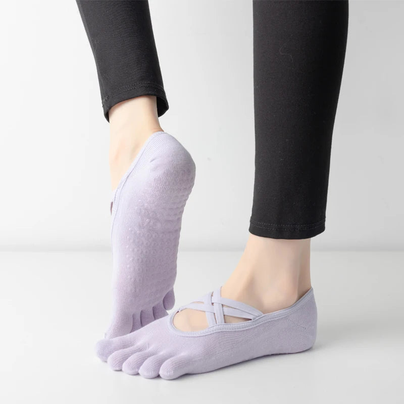 New Women Anti Slip Pilates Socks Five Toe Silicone Non-Slip Yoga Sock Bandage Ballet Dance Ladies Fitness Sports Cotton Sock