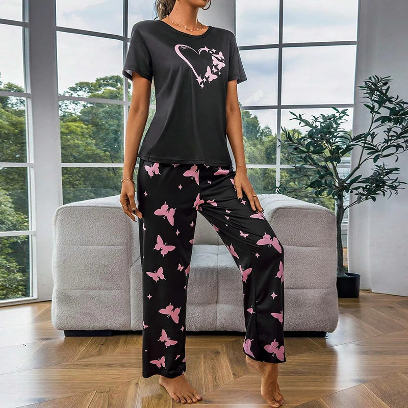 Women's Pajama Sets Summer Short Sleeve Pyjamas Butterfly Print Home Clothes Sleepwear Soft and Comfortable Loungewear Nightwear