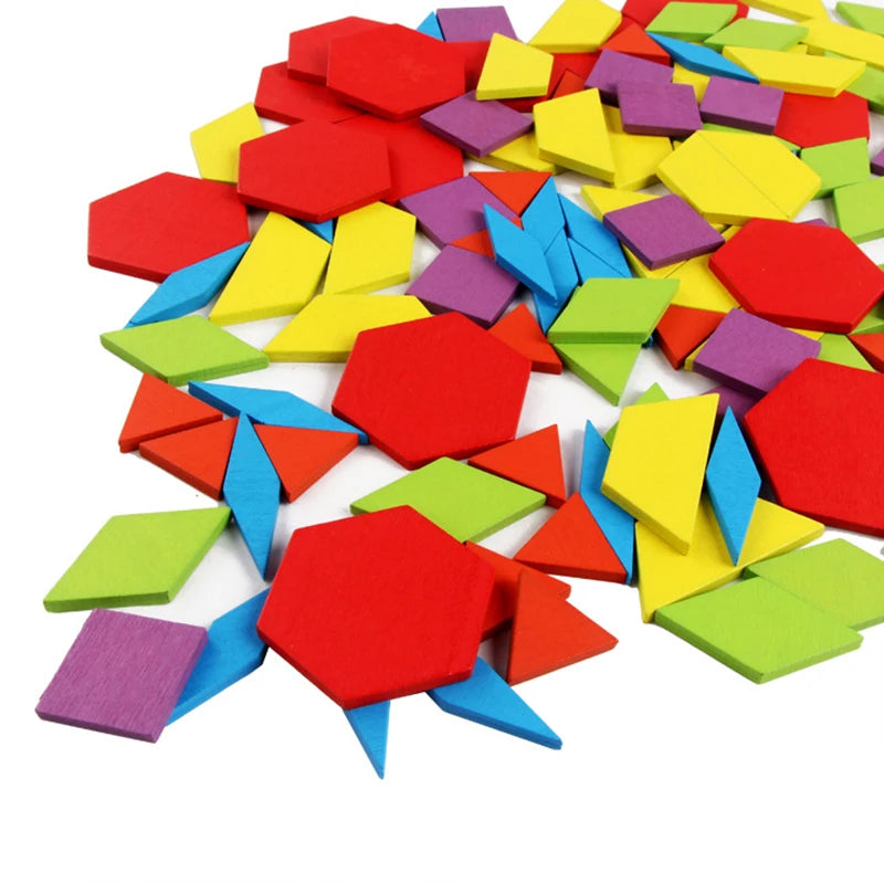 155Pcs Set Wooden Pattern Blocks Geometric Shape Jigsaw Puzzle Baby Educational Montessori Tangram Toys for Kids with 24Pcs Card