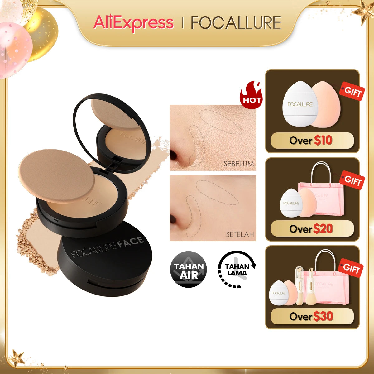 FOCALLURE 9 Colors Pressed Powder Waterproof Long-lasting Full Coverage Face Compact Setting Powder Makeup Foundation Cosmetics