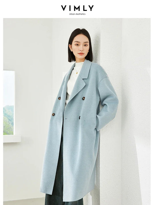 Vimly Blue Wool & Blends Long Coats Women Clothes 2023 Doule Breasted Elegant Office Lady Winter Warm Long Jacket Overcoat 16328