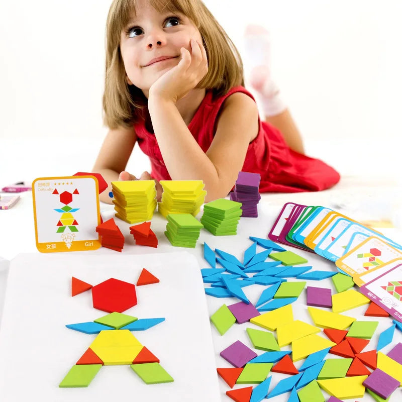 155Pcs Set Wooden Pattern Blocks Geometric Shape Jigsaw Puzzle Baby Educational Montessori Tangram Toys for Kids with 24Pcs Card