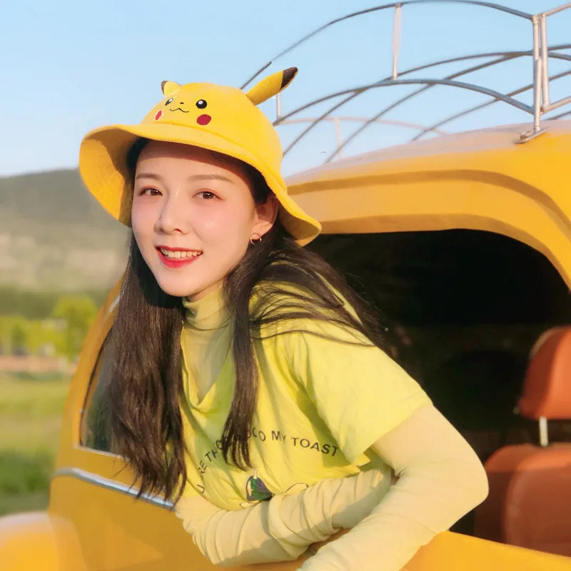 Pikachu Bucket Hat Sun Hat Anime Wide Brim Cute Cartoon Bucket Fisherman Beach Outdoor Baseball Hat Cap for Adult Kids Gift