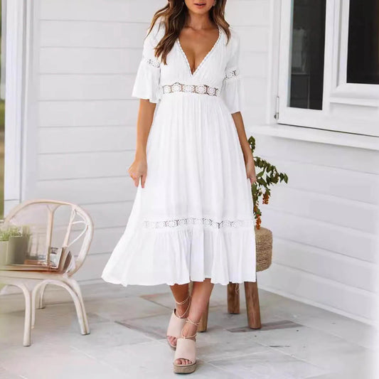 Women's Fashion Lace Backless Long Sleeved Dress Casual Ruffle Edge Sleeve Loose Holiday Dress Beach Cocktail Street Long Dress