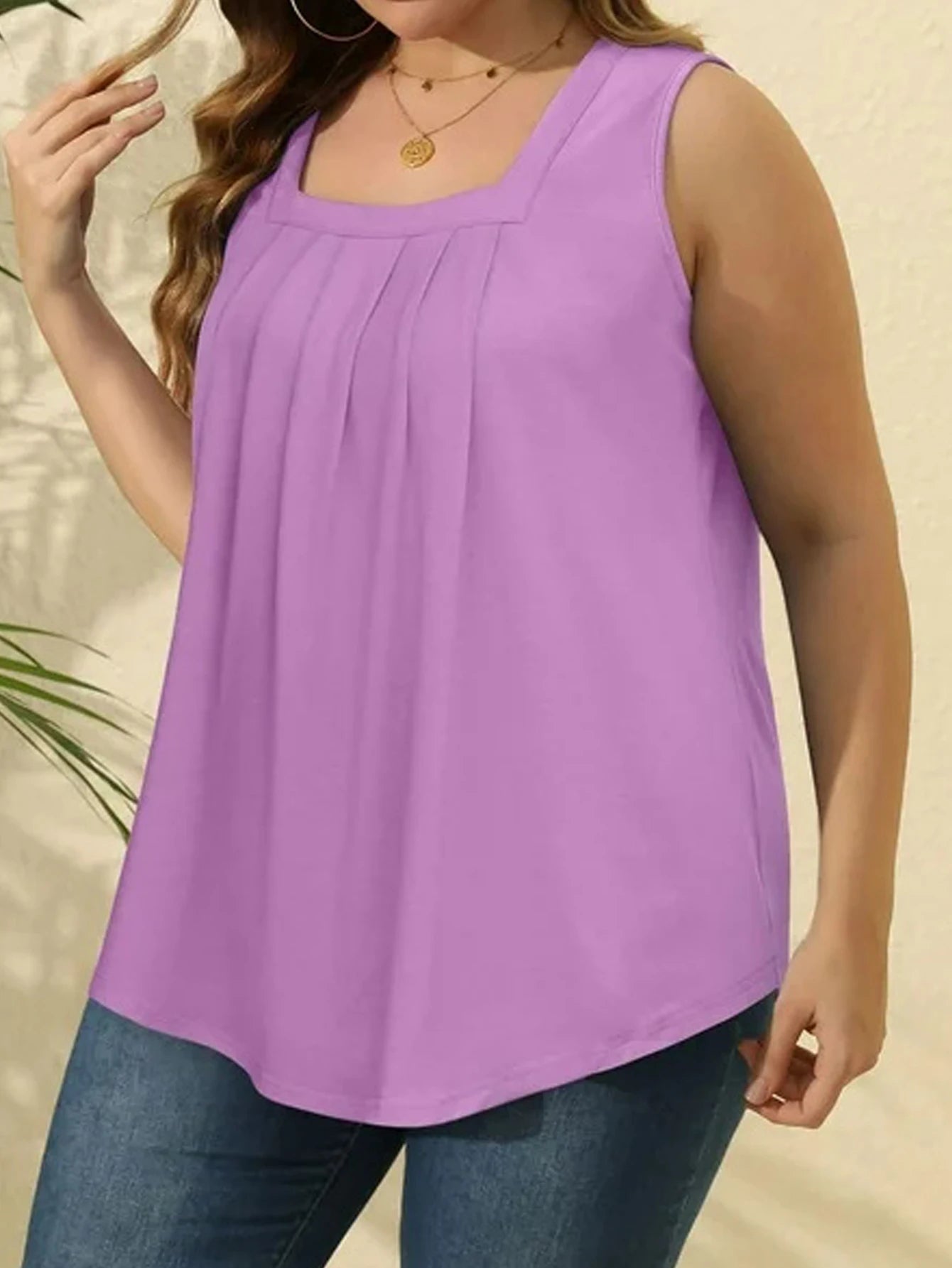 Plus Size Women's summer pleated square neck loose casual solid color sleeveless vest