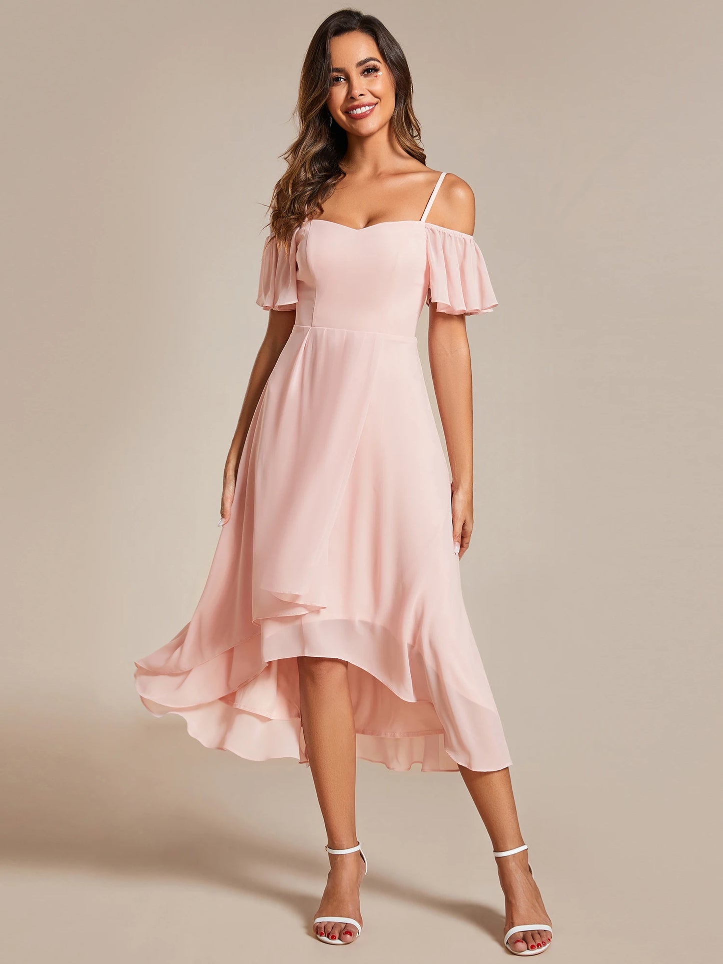 Ever Pretty Simple Spaghetti Strap Cold Shoulder Chiffon Cocktail Party Dress High Low Ruffles A Line Midi Wedding Guest Dress